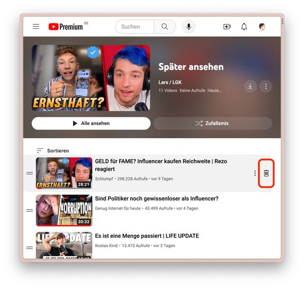 YouTube Playlist-Ansicht mit Löschen-Button, durch roten Kasten hervorgehoben
